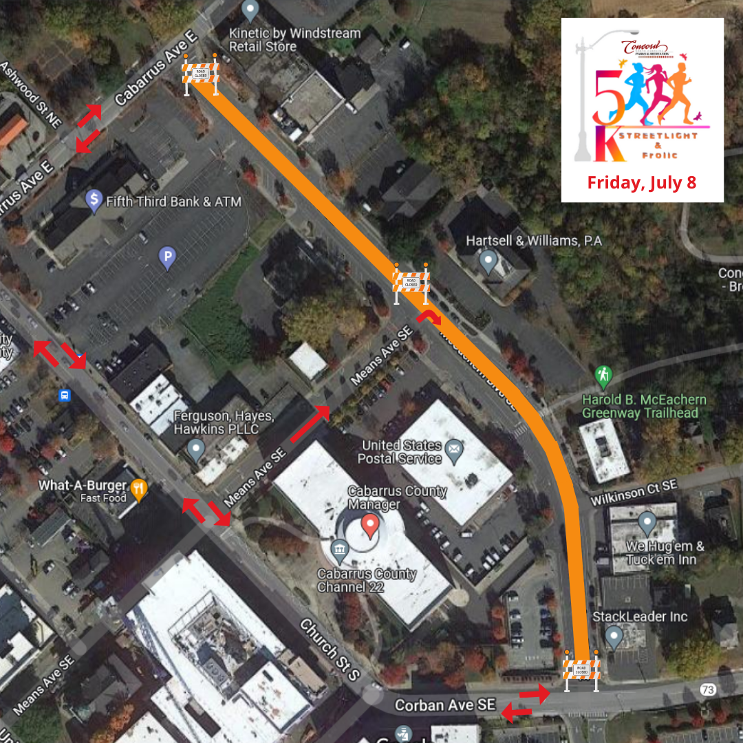 Map of McCachern Blvd Closure for Streetlight 5k Race